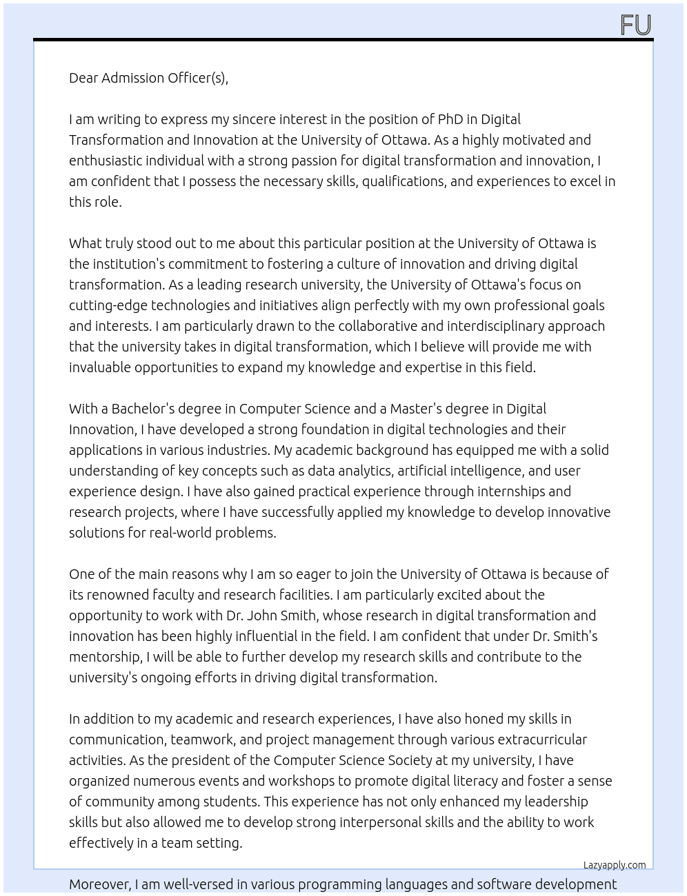 PhD in Digital Transformation and Innovation At University of Ottawa Cover Letter