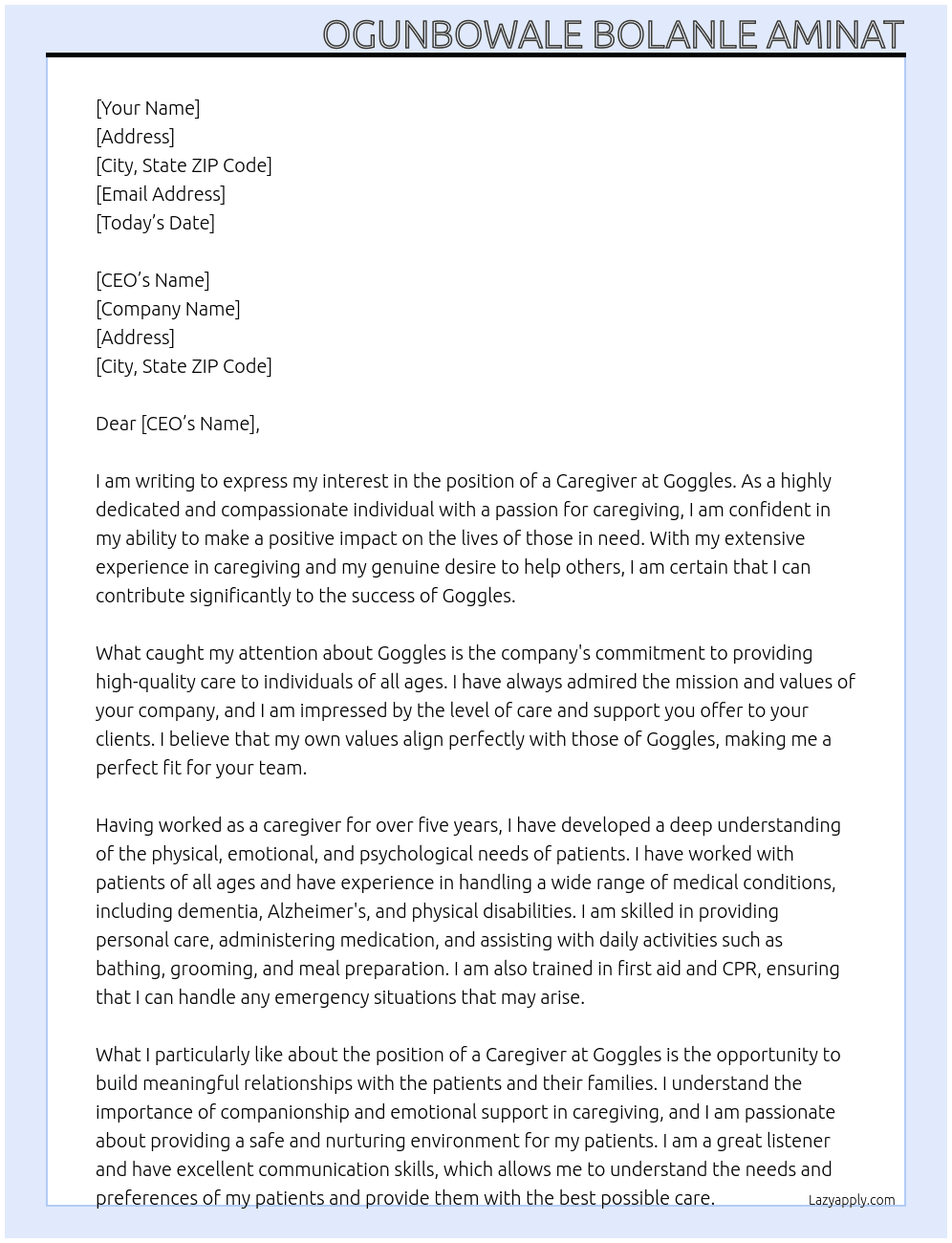 Caregiver  At Goggles  Cover Letter
