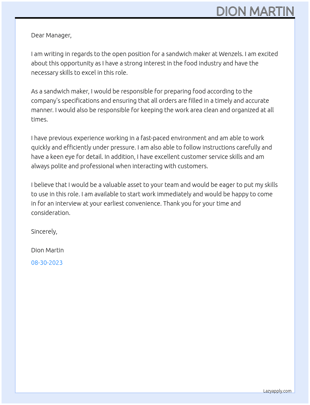 Sandwich maker At Wenzels Cover Letter