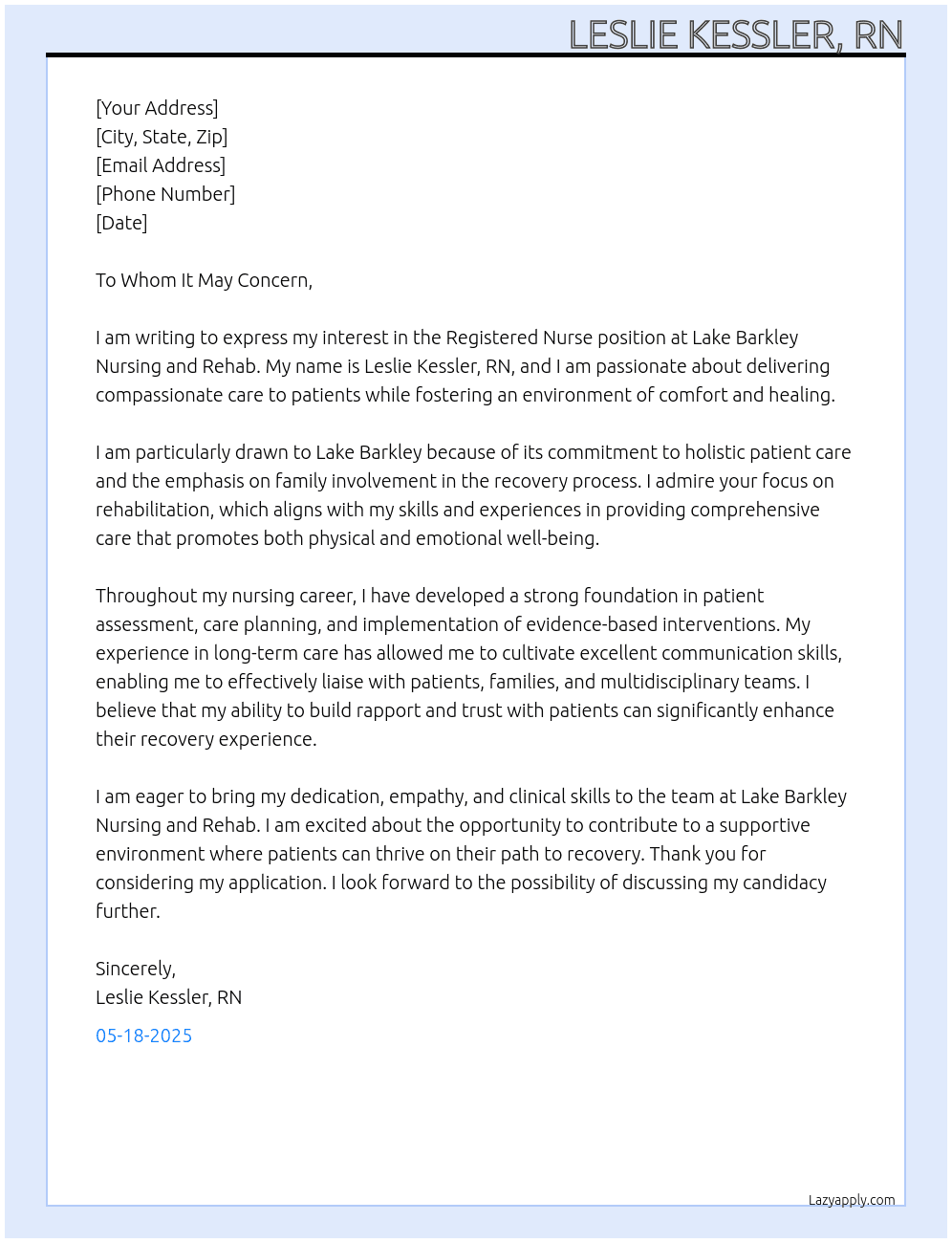 Registered Nurse At Lake Barkley Nursing and Rehao Cover Letter