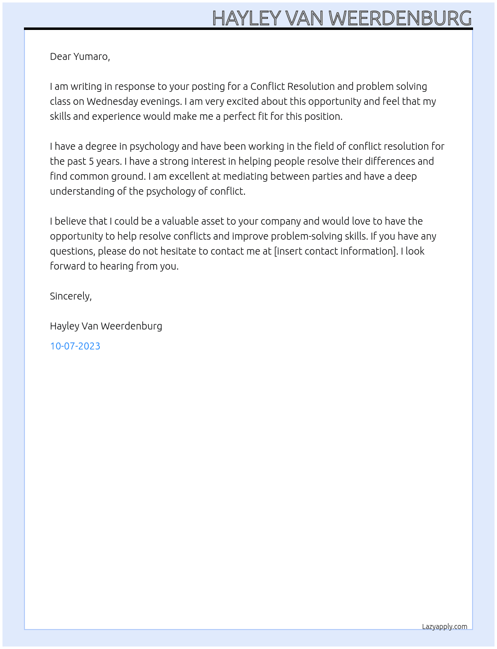 Conflict Resolution and problem solving  At Yumaro Cover Letter