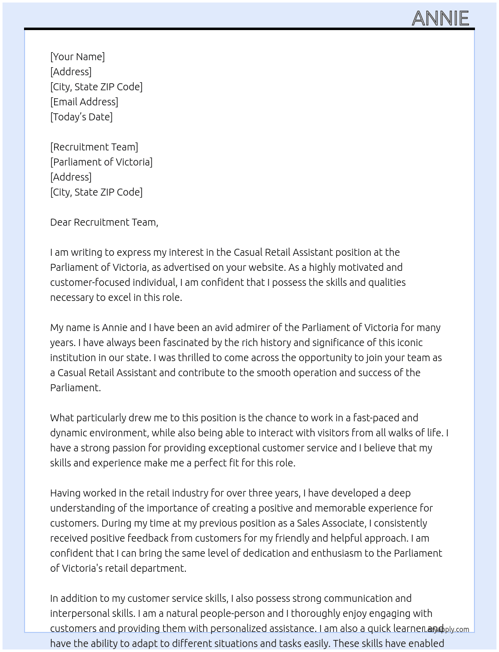 casual retail assistant   At Parliment of victoria Cover Letter