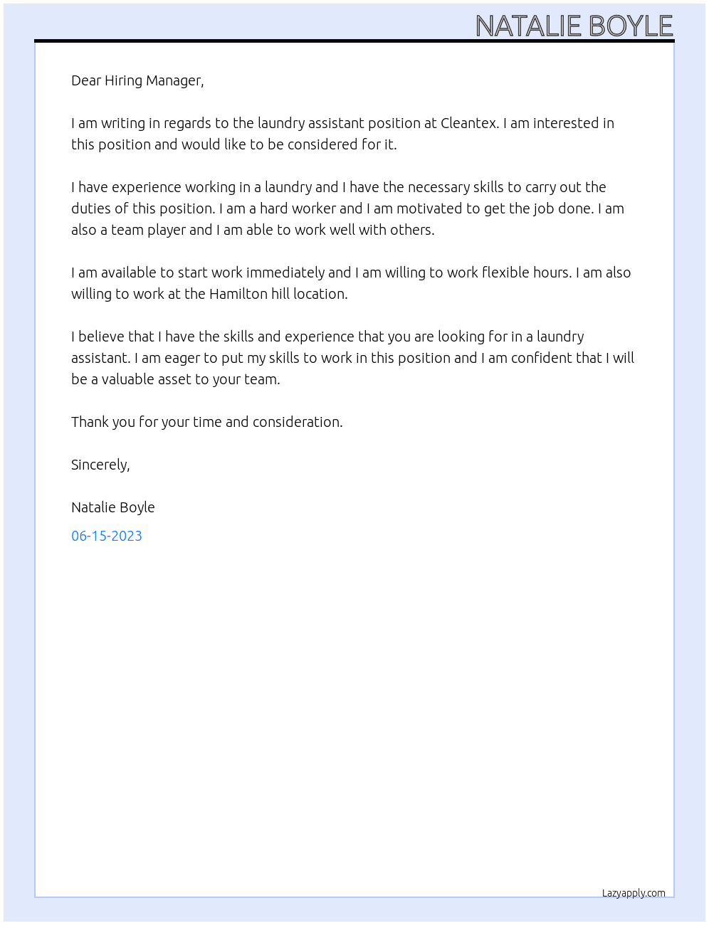 Laundry assistant  At Cleantex  Cover Letter