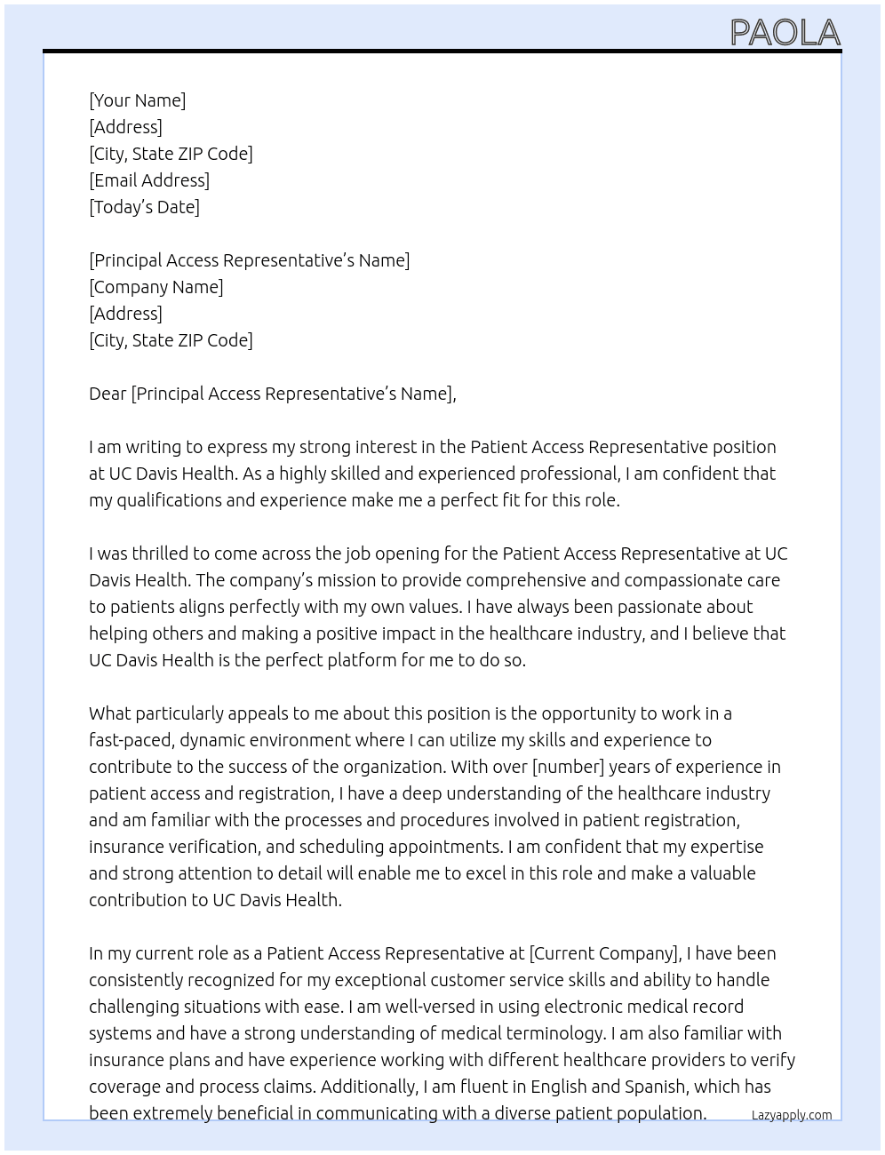 patient access rep At UC Davis Health Cover Letter