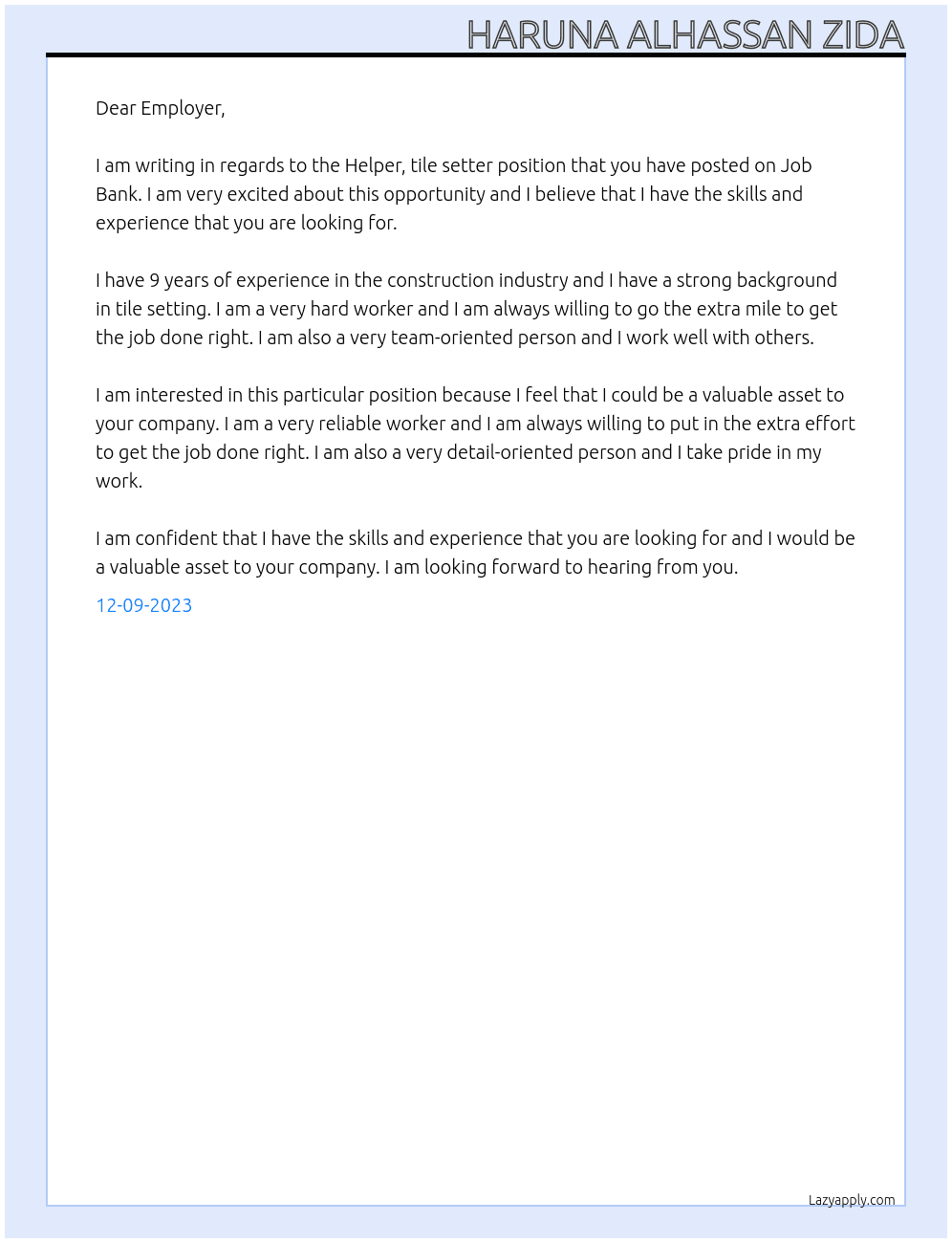 Helper, tile setter At Job Bank #2708893 Cover Letter
