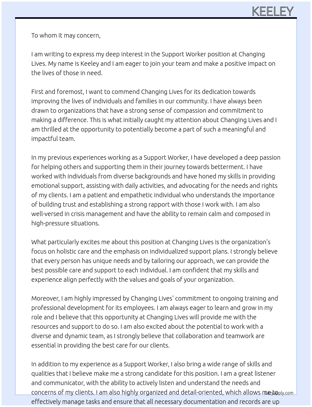 Support Worker At Changing Lives Cover Letter