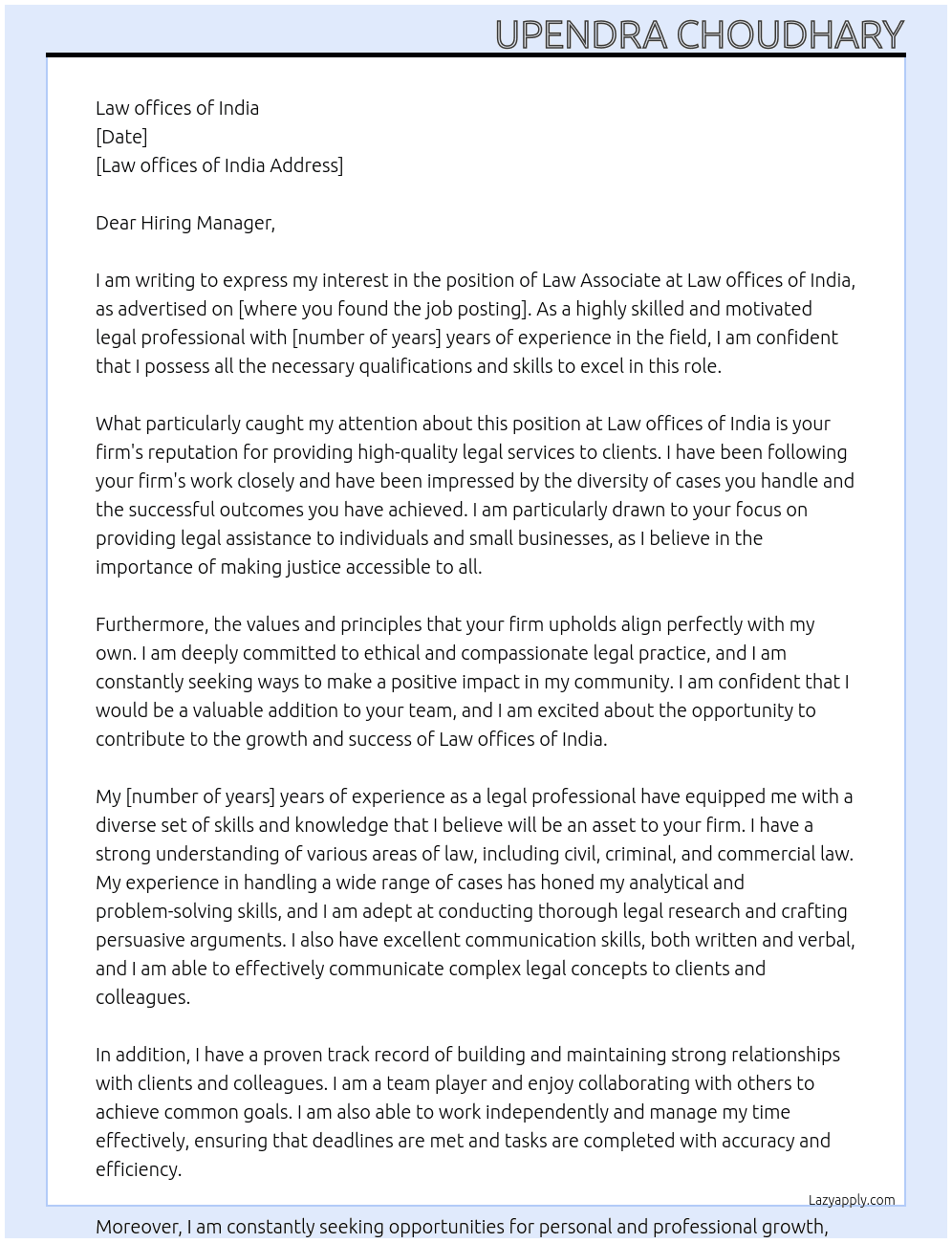 Law associate  At Law offices of India Cover Letter
