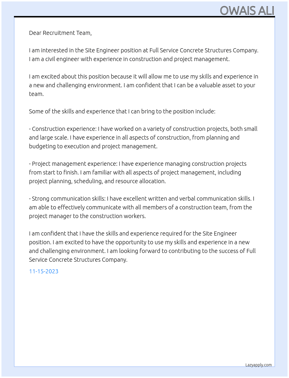 Site Engineer At Full Service Concrete Structures Company Cover Letter