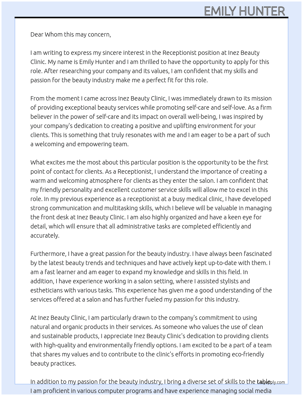 Receptionsit  At Inez Beauty Clinic Cover Letter
