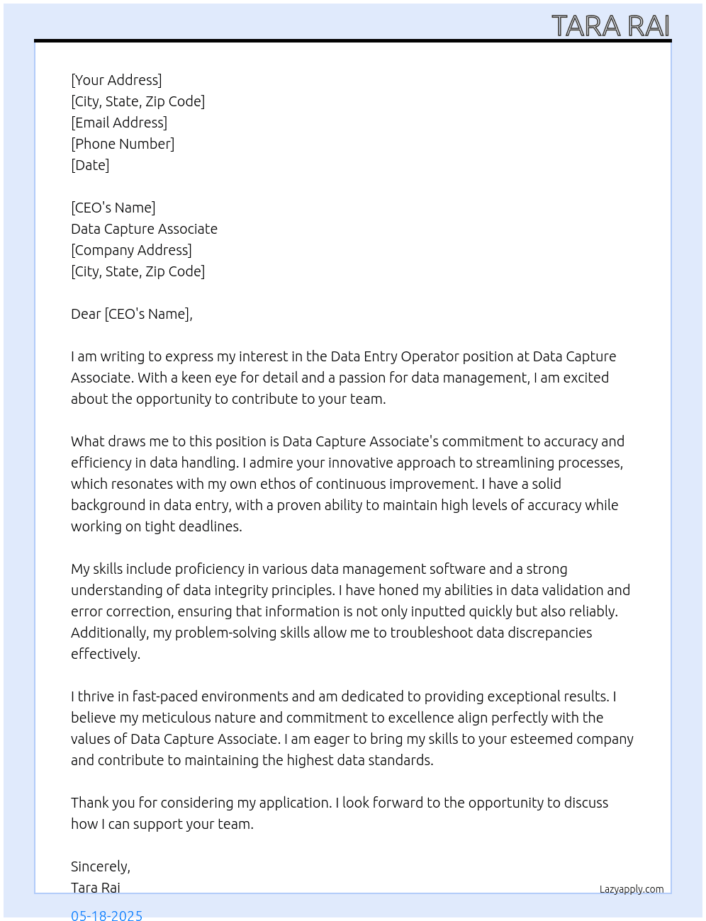 Data entry operator  At Data capture associate  Cover Letter