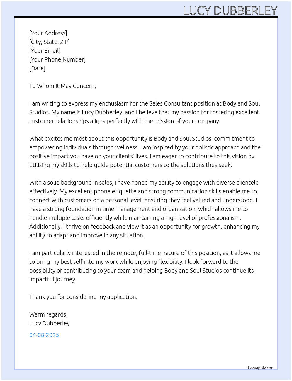 Sales consist  At Body and soul studios Cover Letter