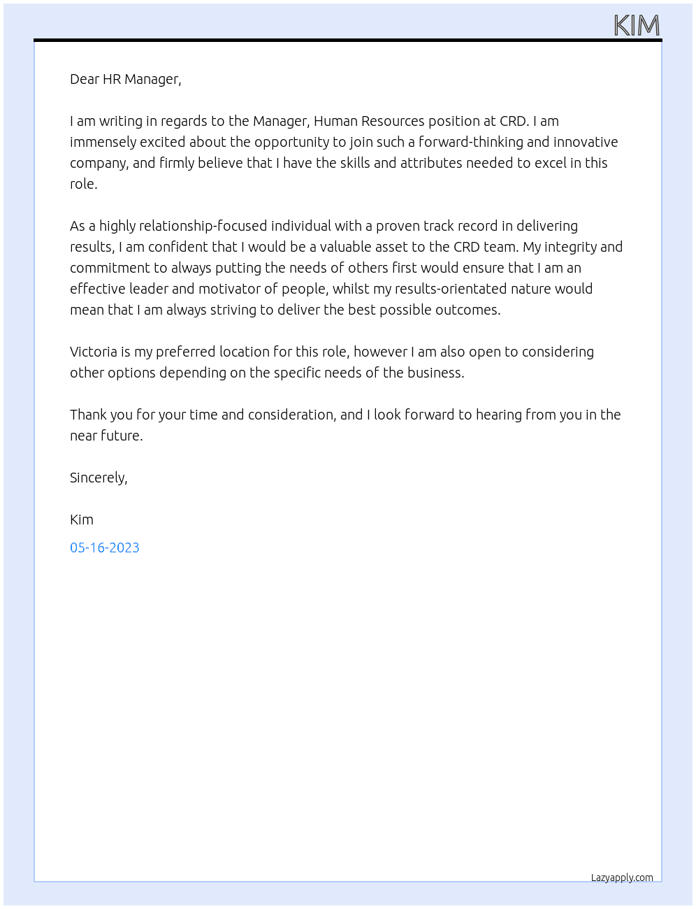 Manager, Human Reosurces At CRD Cover Letter