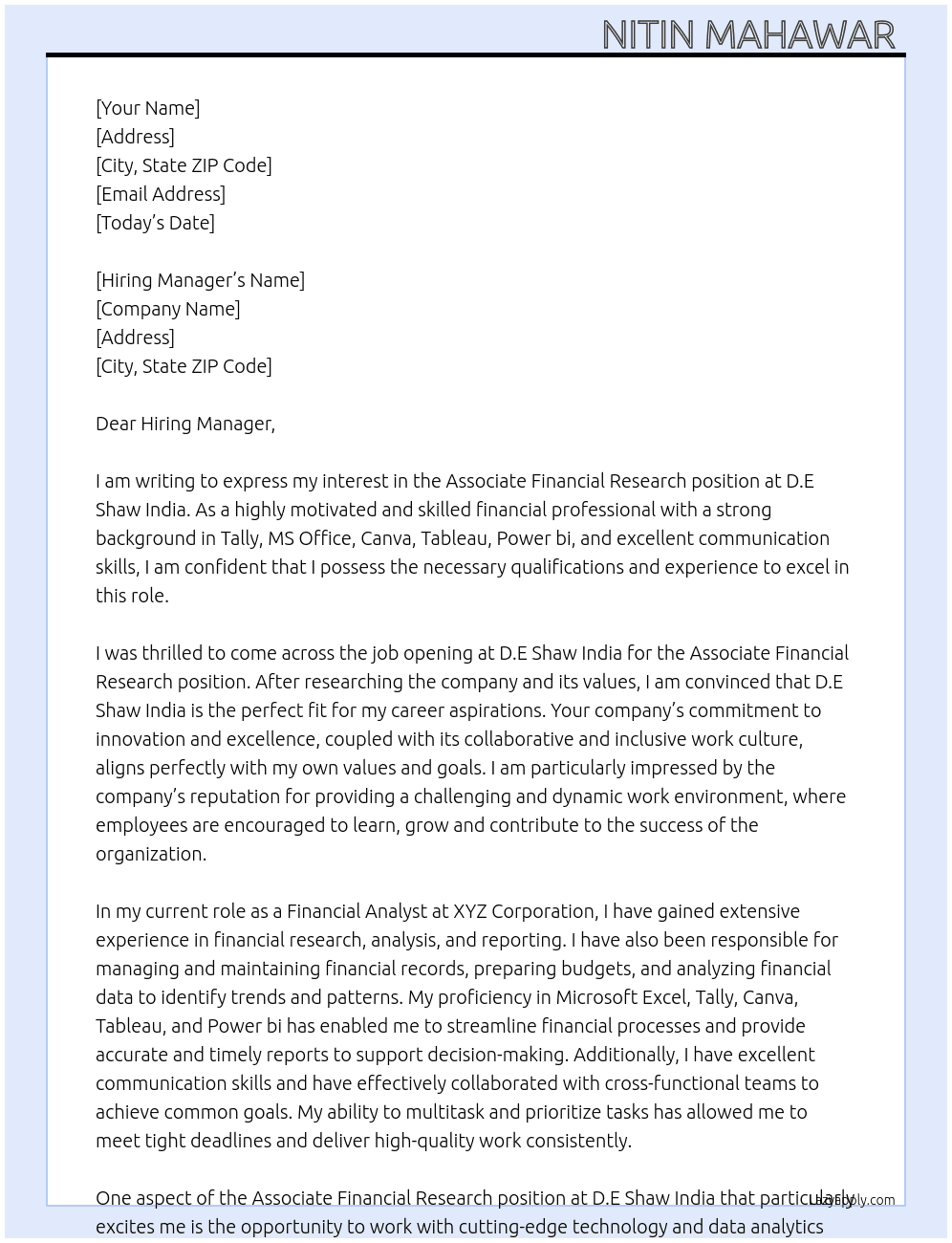 Associate Financial Research  At D.E Shaw India Cover Letter