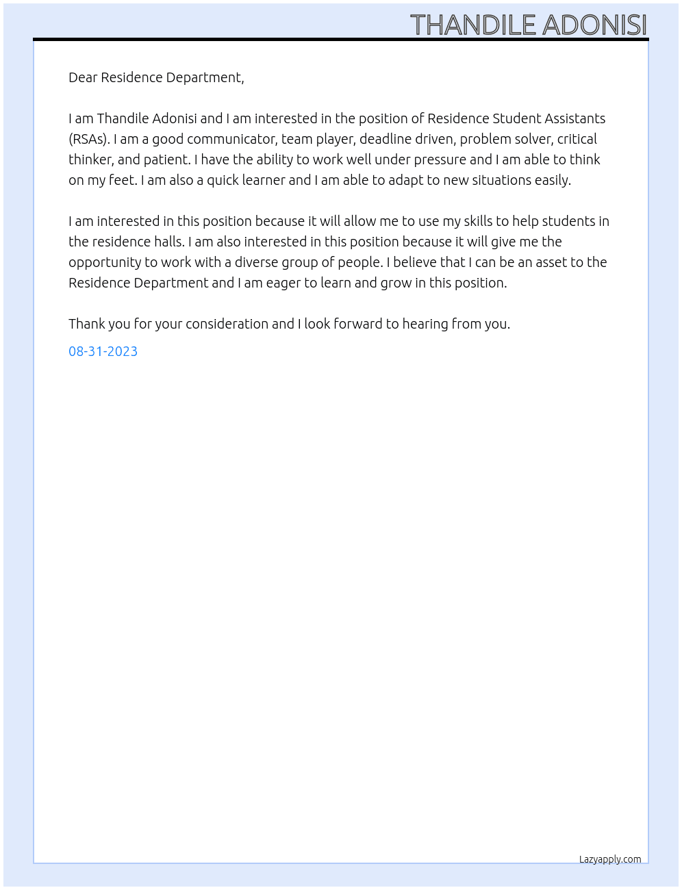 Residence Student Assistants (RSAs) At Residence Department Cover Letter