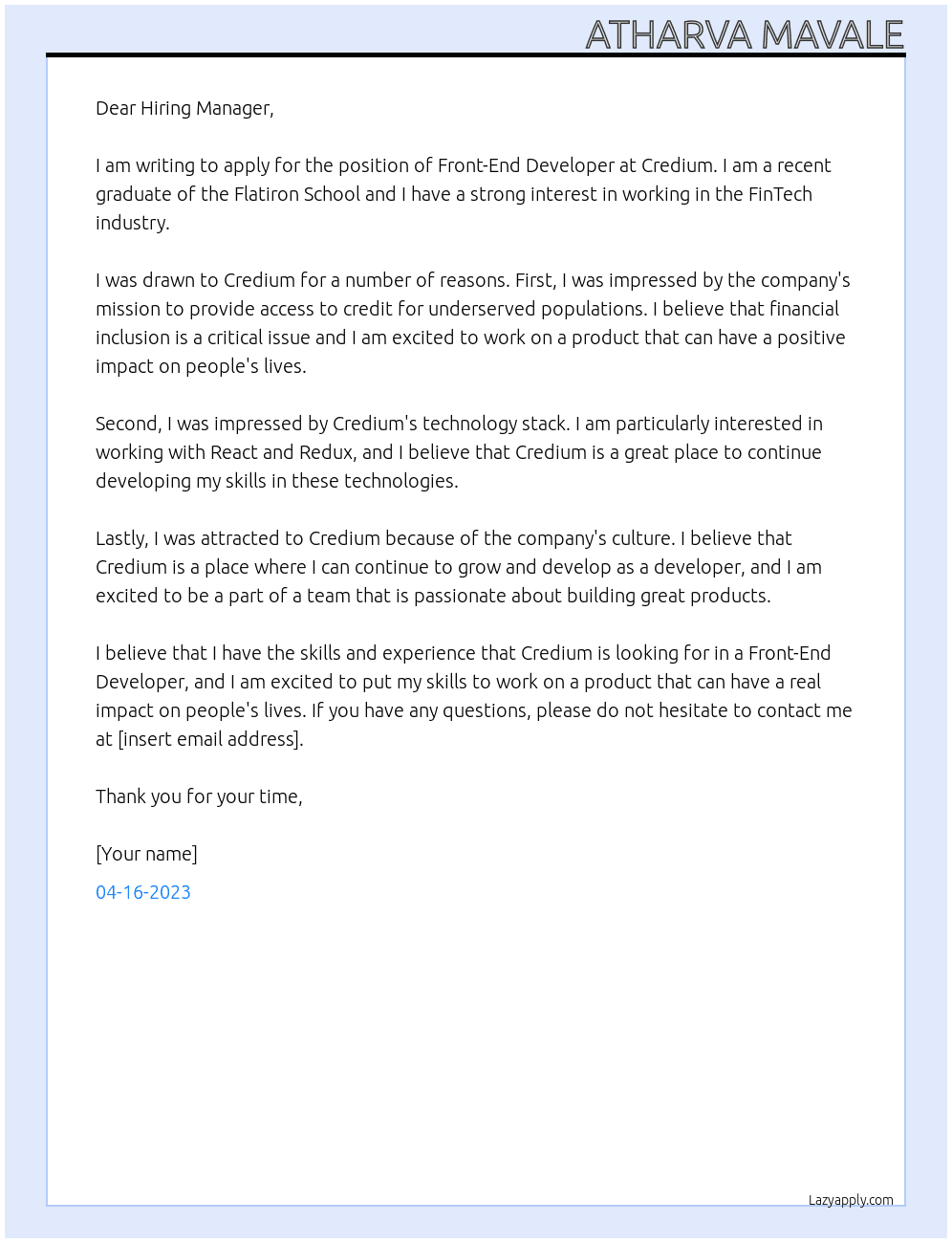 Front-End Developer At credium Cover Letter
