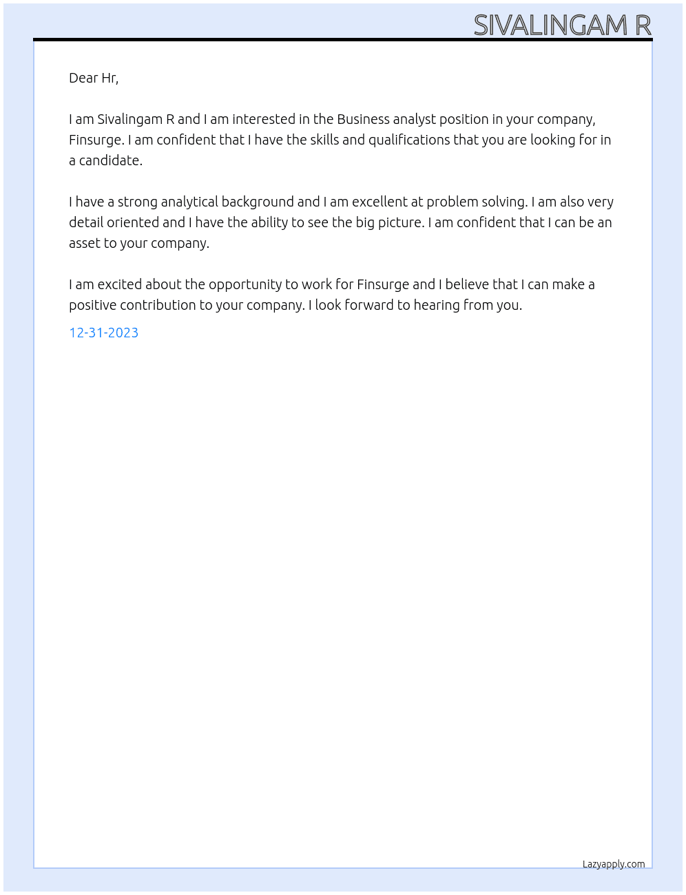 Business analyst  At Finsurge Cover Letter