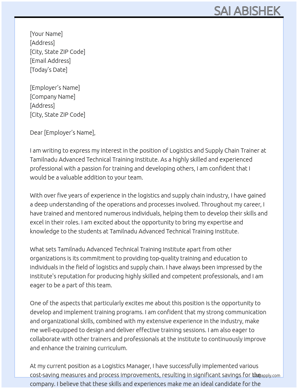 Logistics and Supply Chain Trainer At  Tamilnadu Advanced Technical Training Institute Cover Letter