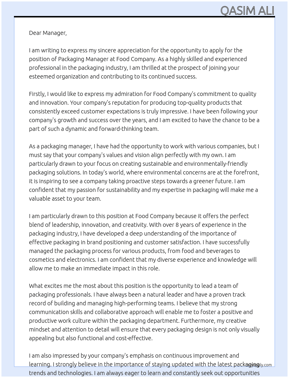 Packaging Manager At food Cover Letter