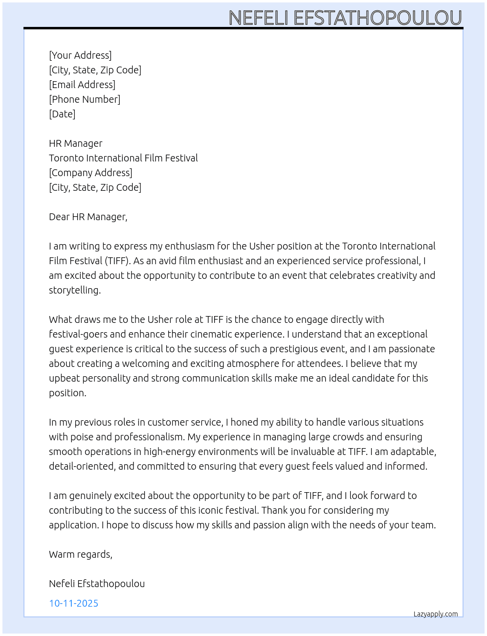 Cover letter for usher - LazyApply