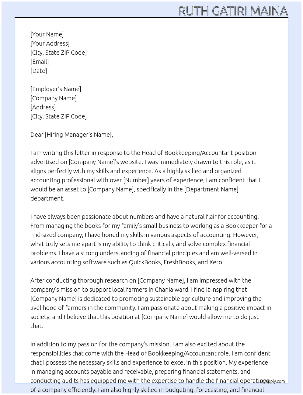 head in book keeping/ accountant At Chania ward farmers Sacco Cover Letter