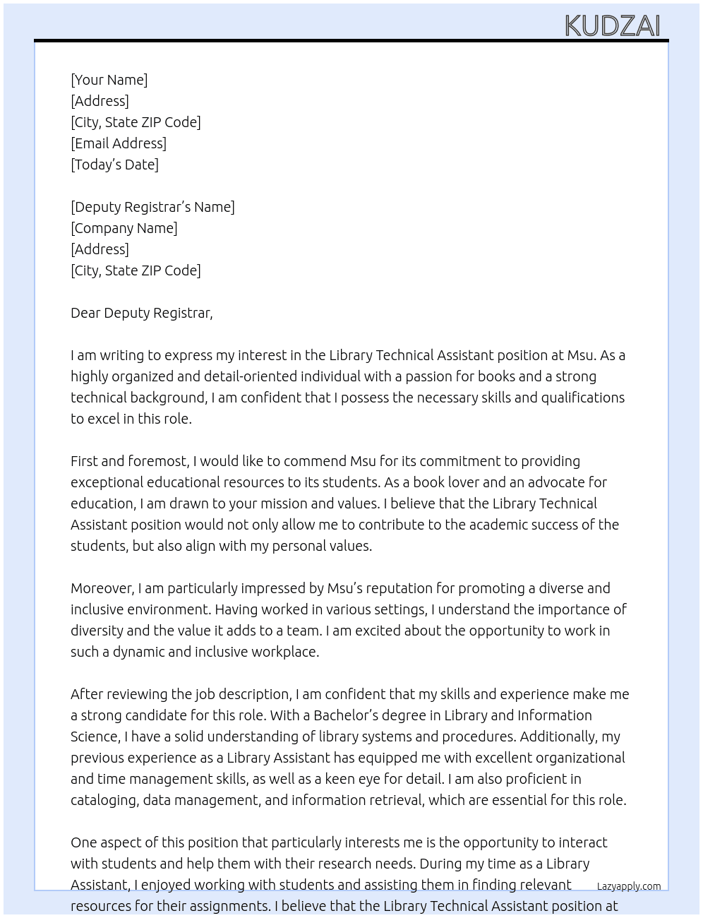 Library Technical Assistant  At Msu Cover Letter