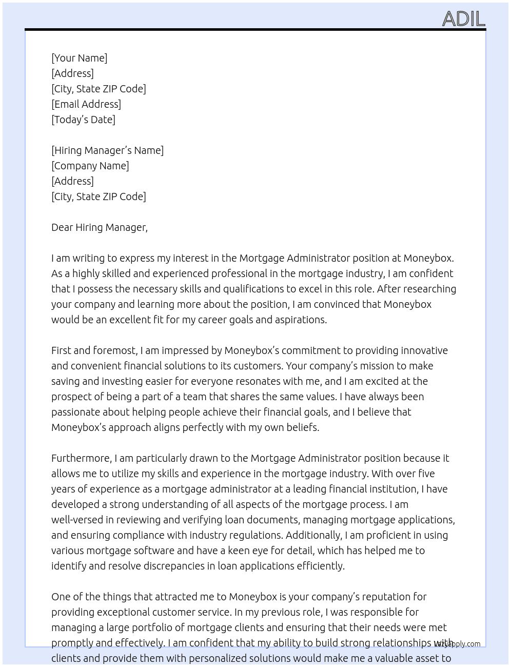 Mortgage administrator At Moneybox  Cover Letter