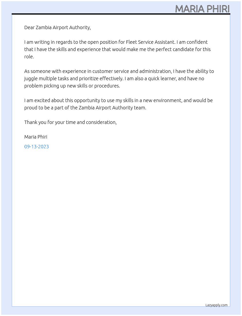 Fleet service assistant  At Zambia airpotd Cover Letter