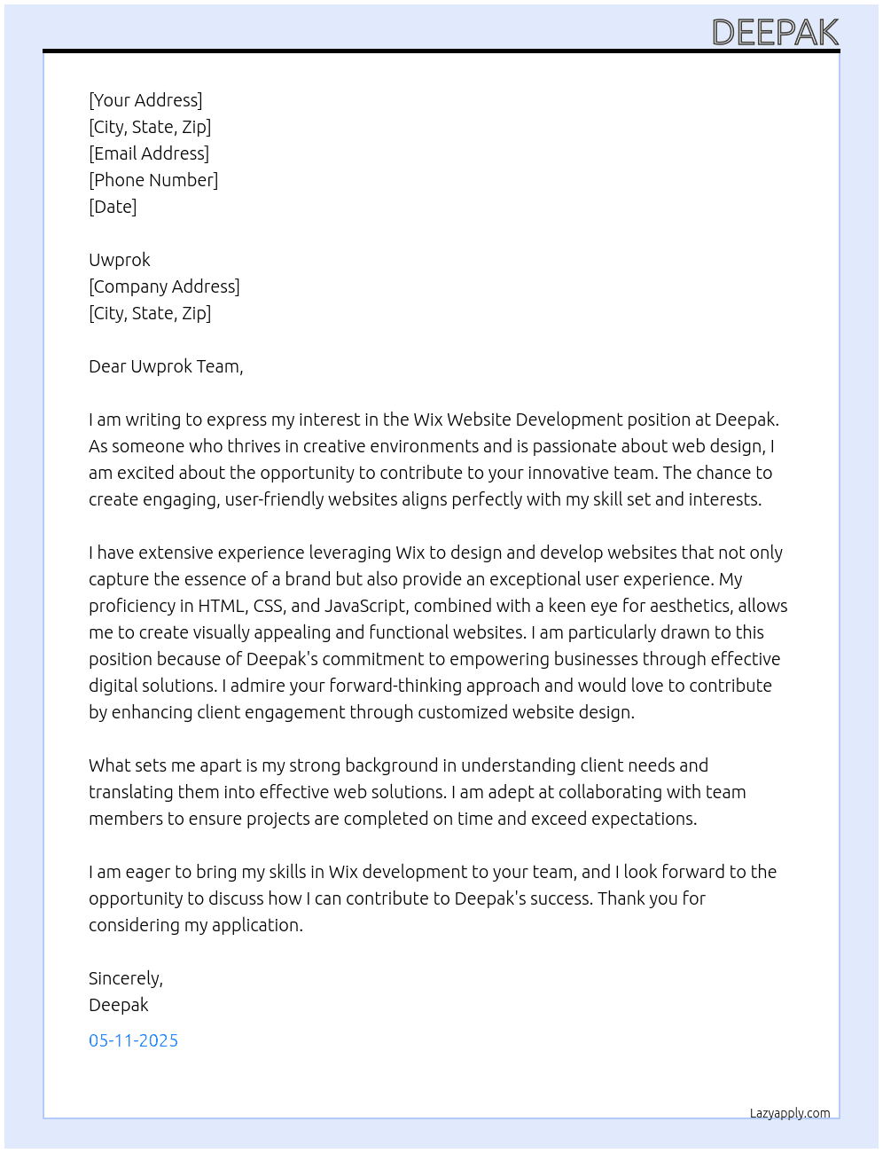 Wix Website Development At deepak Cover Letter