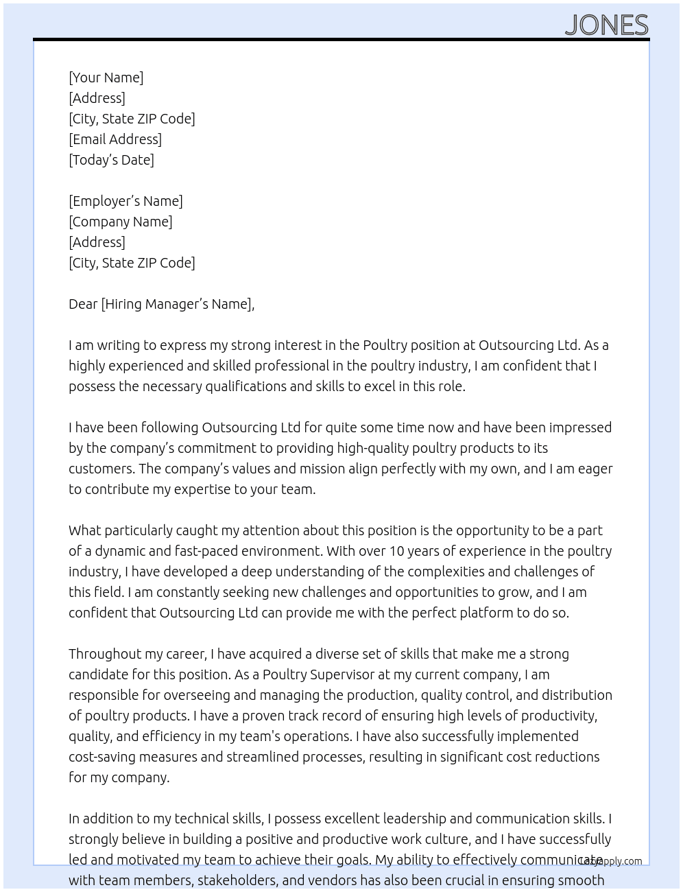Poultry At Outsourcing ltd Cover Letter