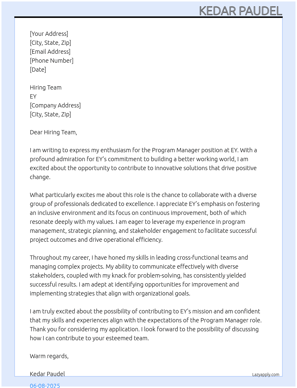 Program Manager At EY Cover Letter