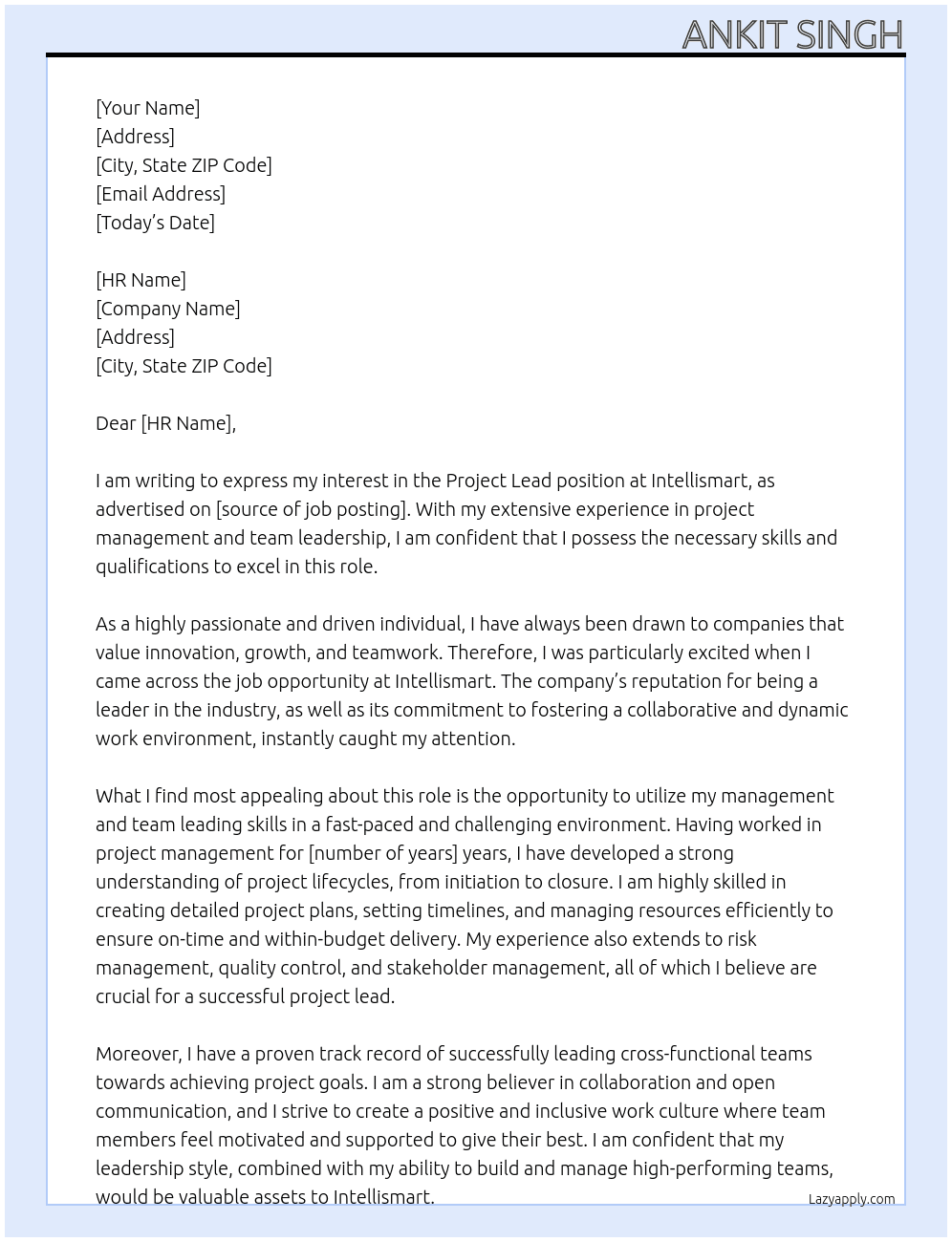 Project lead At Intellismart Cover Letter