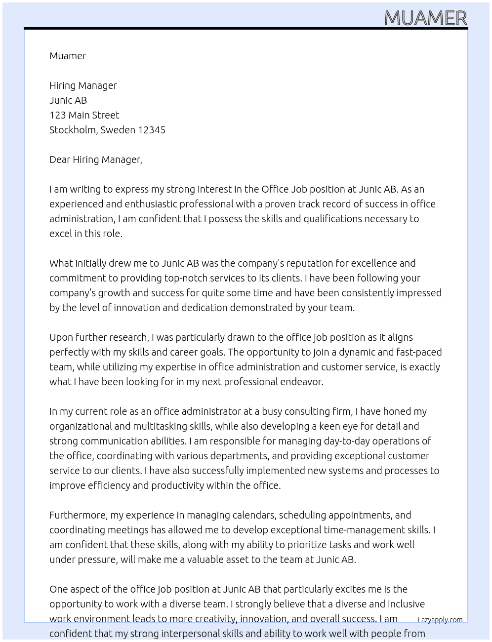 office job At Junic AB Cover Letter