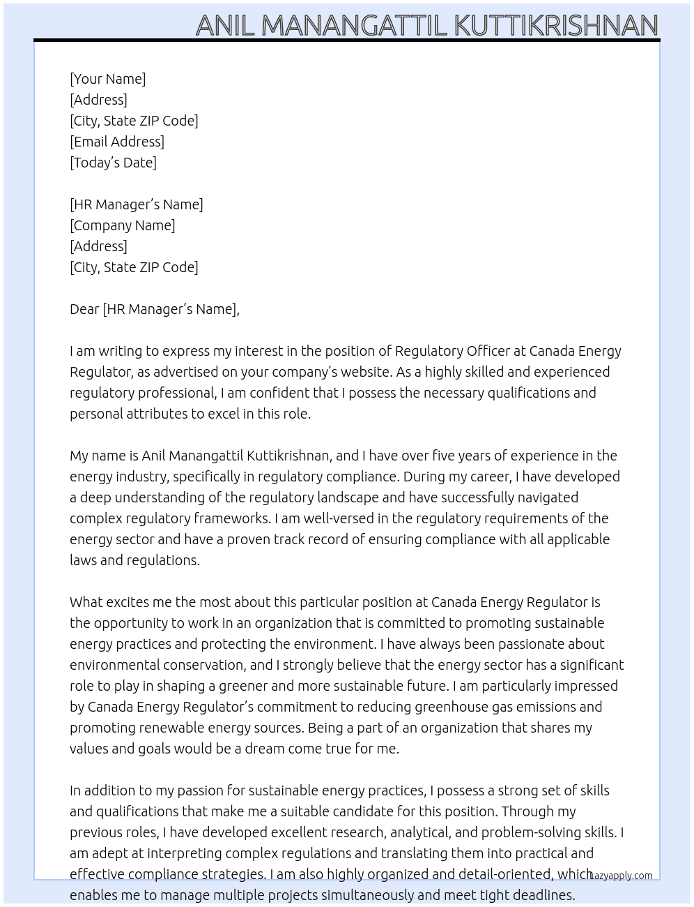 Regulatory Officer At Canada Energy Regulator Cover Letter