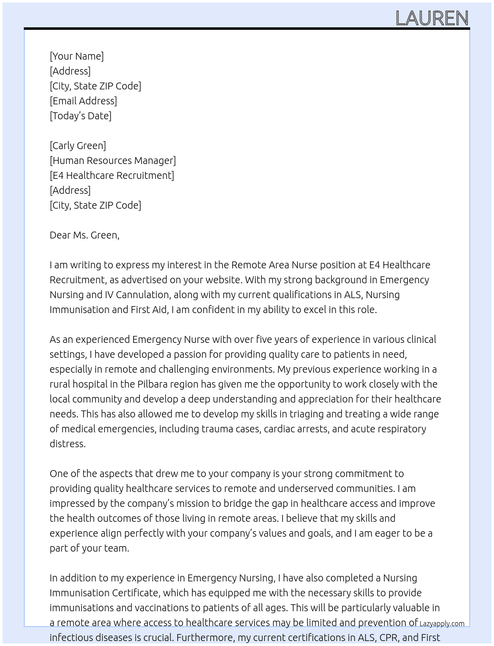 Remote Area Nurse At E4 Healthcare Recruitment  Cover Letter