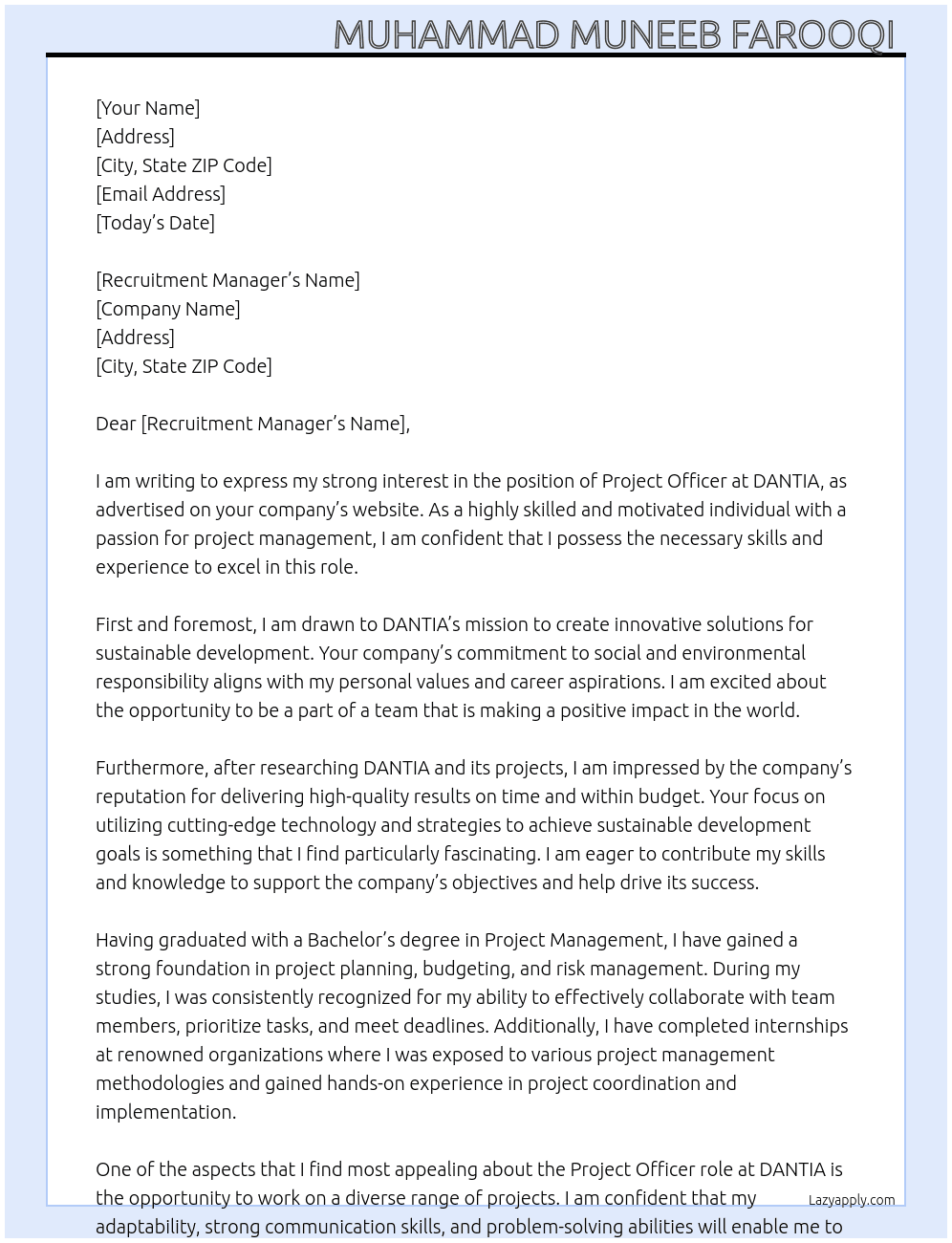 Project Officer  At DANTIA Cover Letter