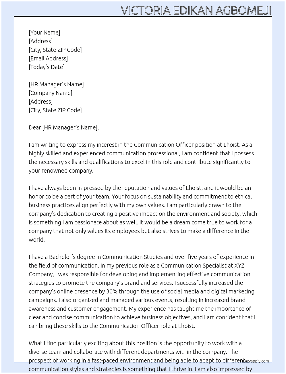 Communication Officer At Lhoist Cover Letter