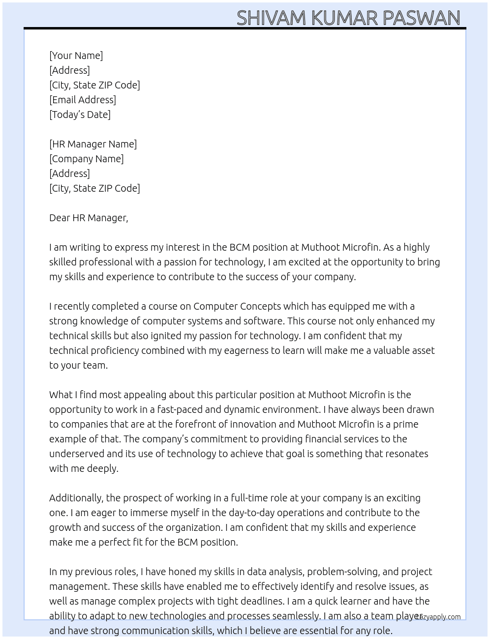 BCM  At Muthoot Microfin  Cover Letter