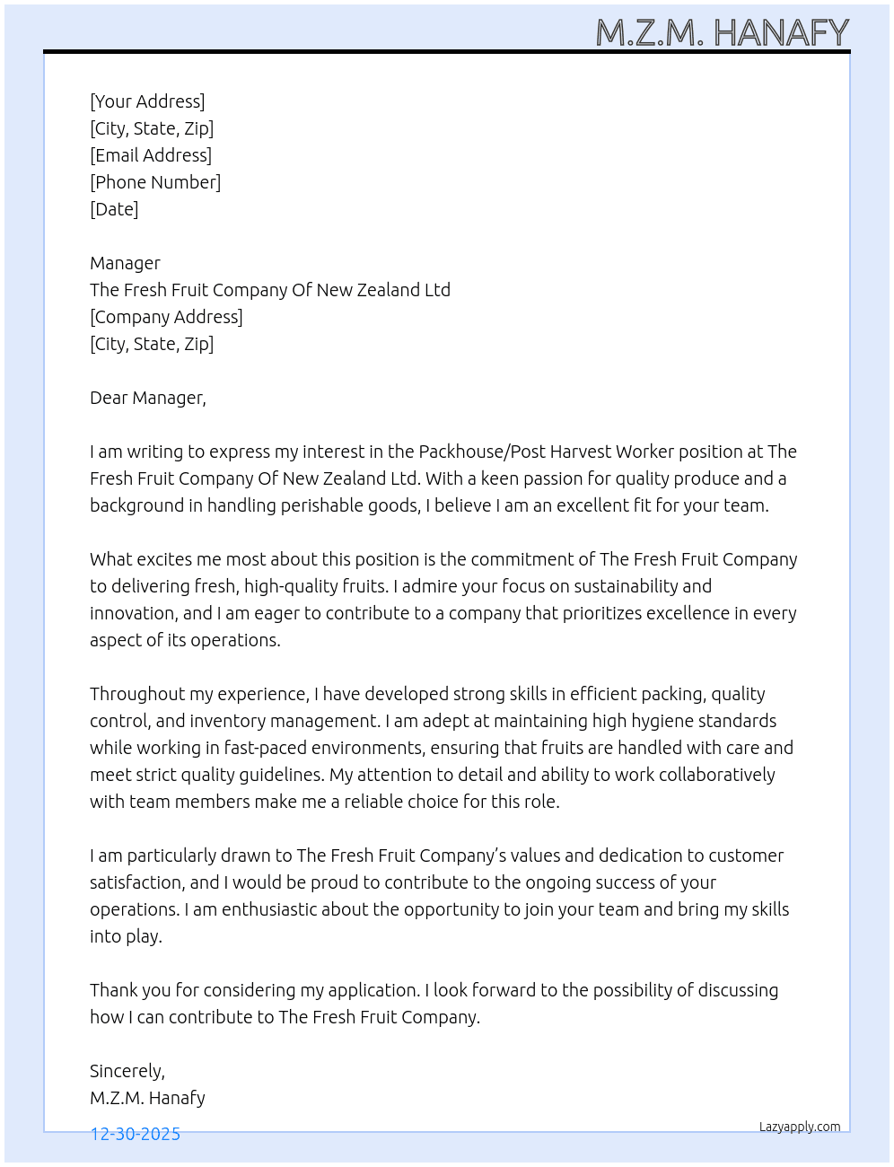Cover letter for packhouse / post harvest worker - LazyApply