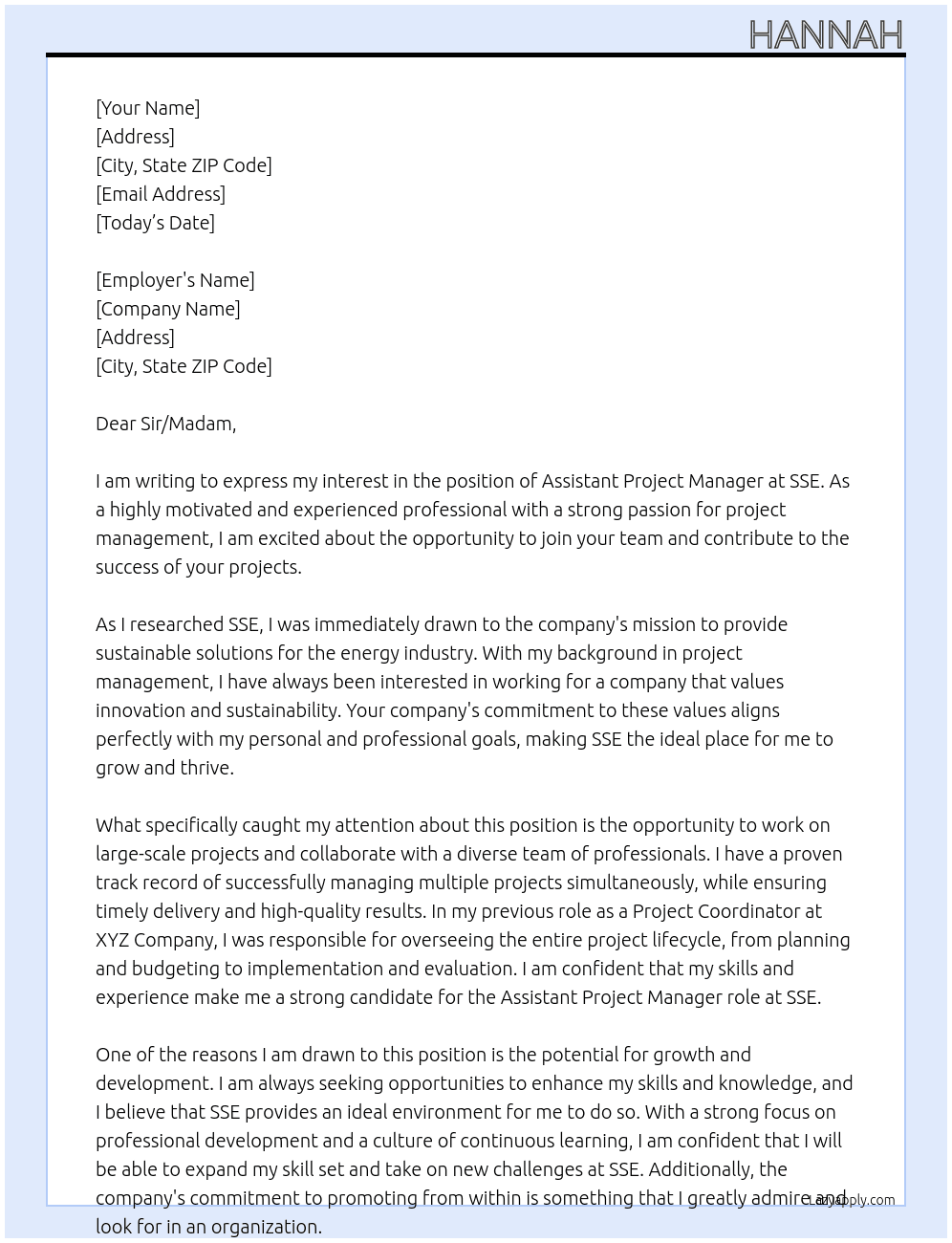 Assistant Project Manager At SSE Cover Letter