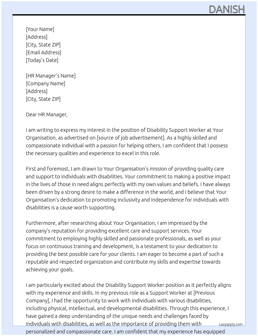 Disability Support worker At Your Organisation  Cover Letter