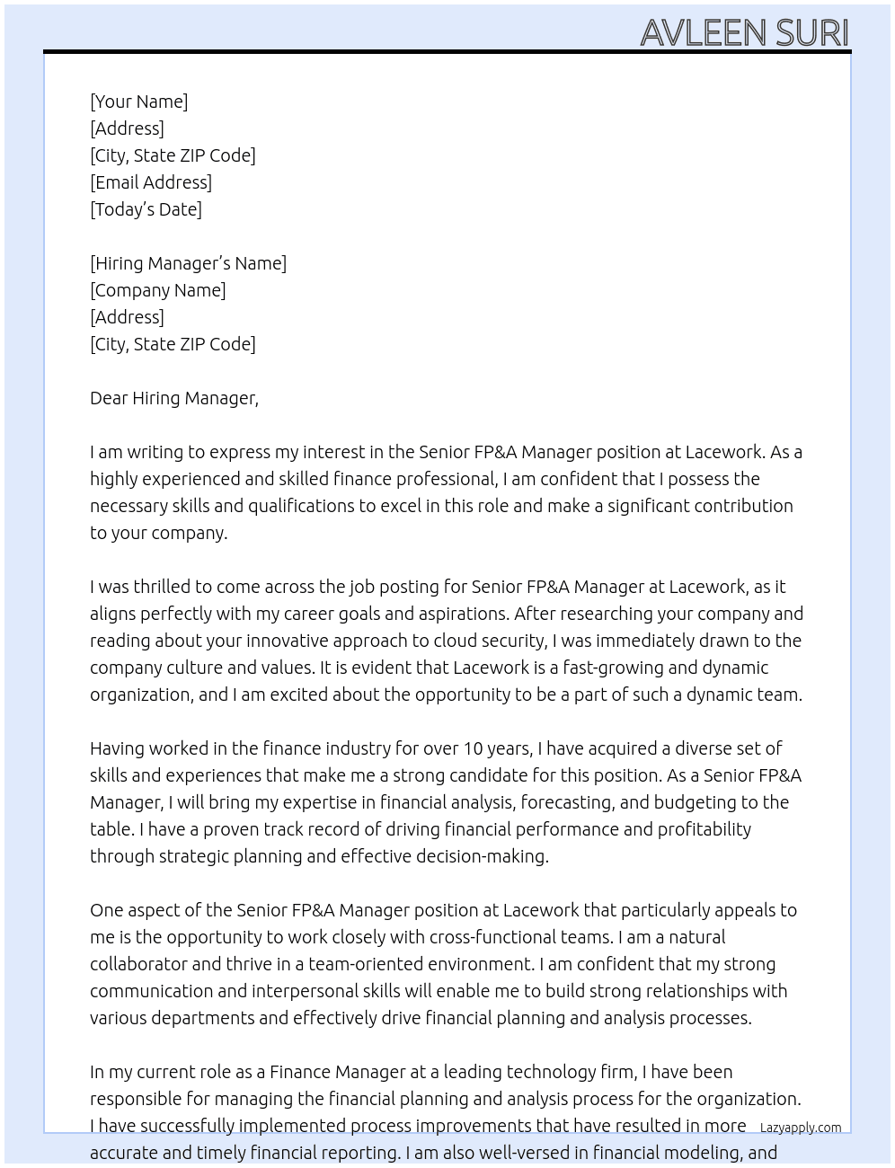 Senior FP&A Manager At Lacework Cover Letter