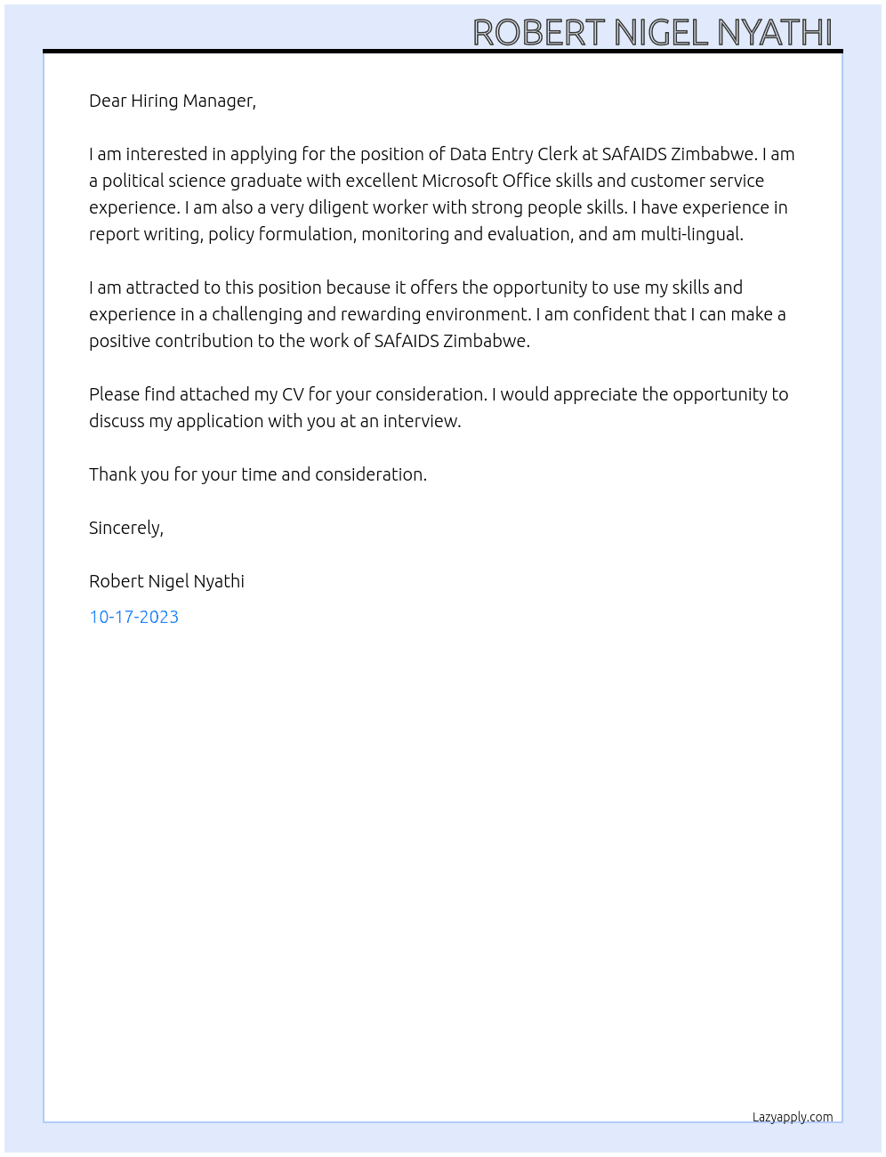 Data entry clerk  At SAfAIDS  Zimbabwe  Cover Letter