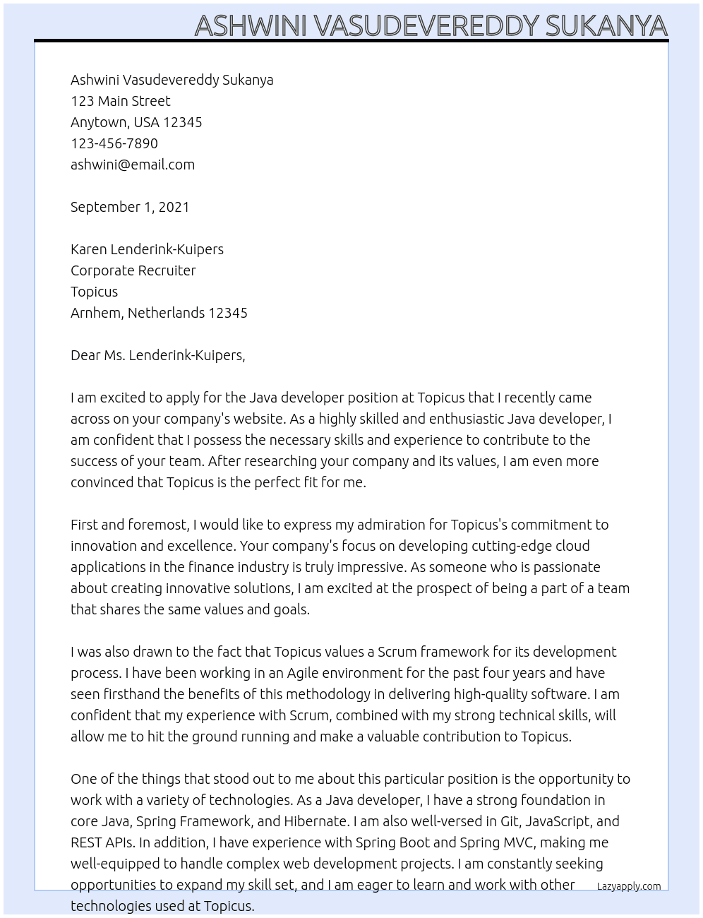 Java developer At Topicus Cover Letter