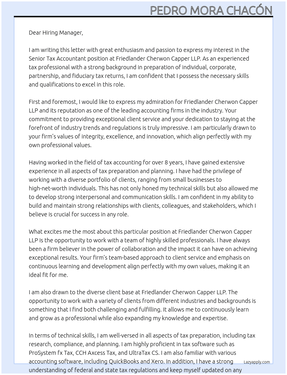 Senior Tax Accountant At Friedlander Cherwon Capper LLP Cover Letter