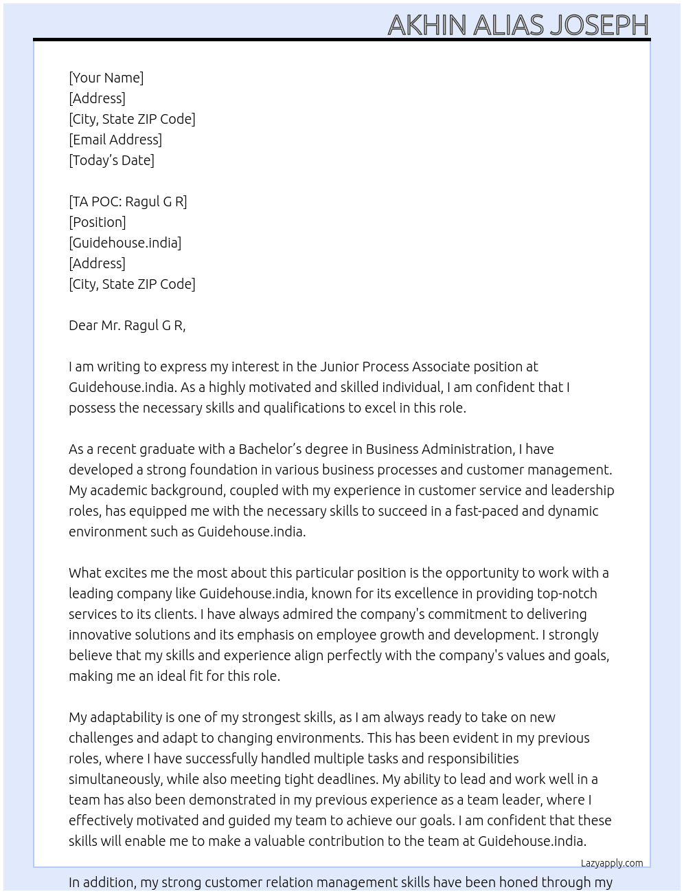 Junior Process Associate At Guidehouse.india Cover Letter