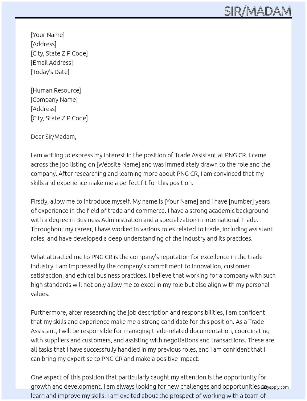 Trade assistant  At PNG CR Cover Letter
