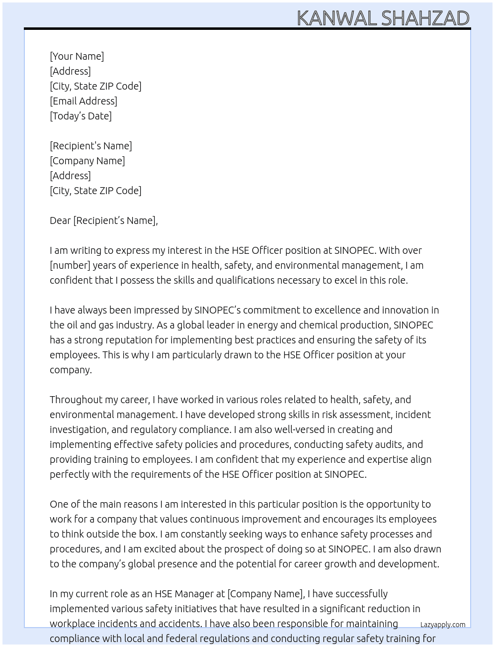 HSE OFFICER At SINOPEC Cover Letter