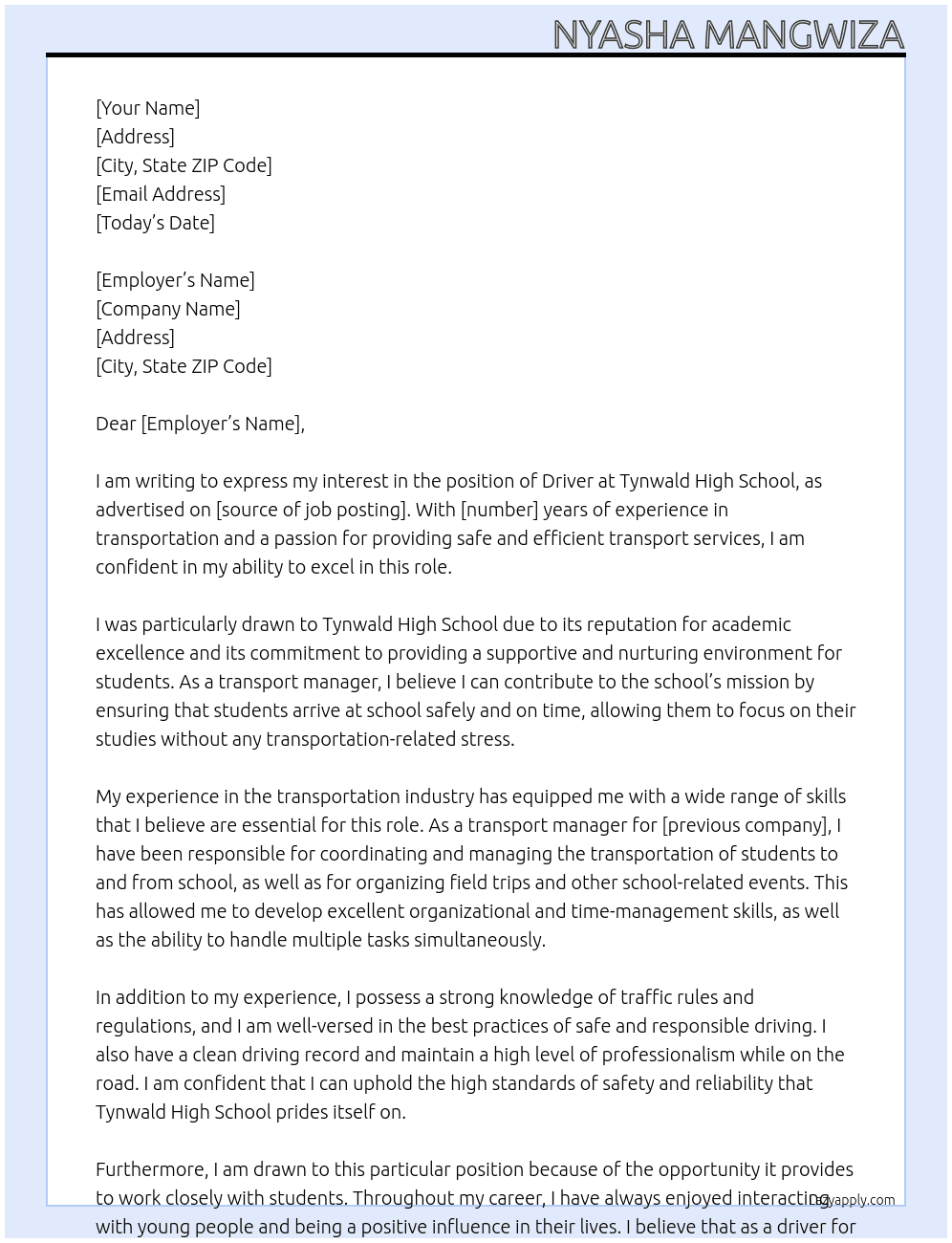 Driver At TYNWALD HIGH SCHOOL Cover Letter