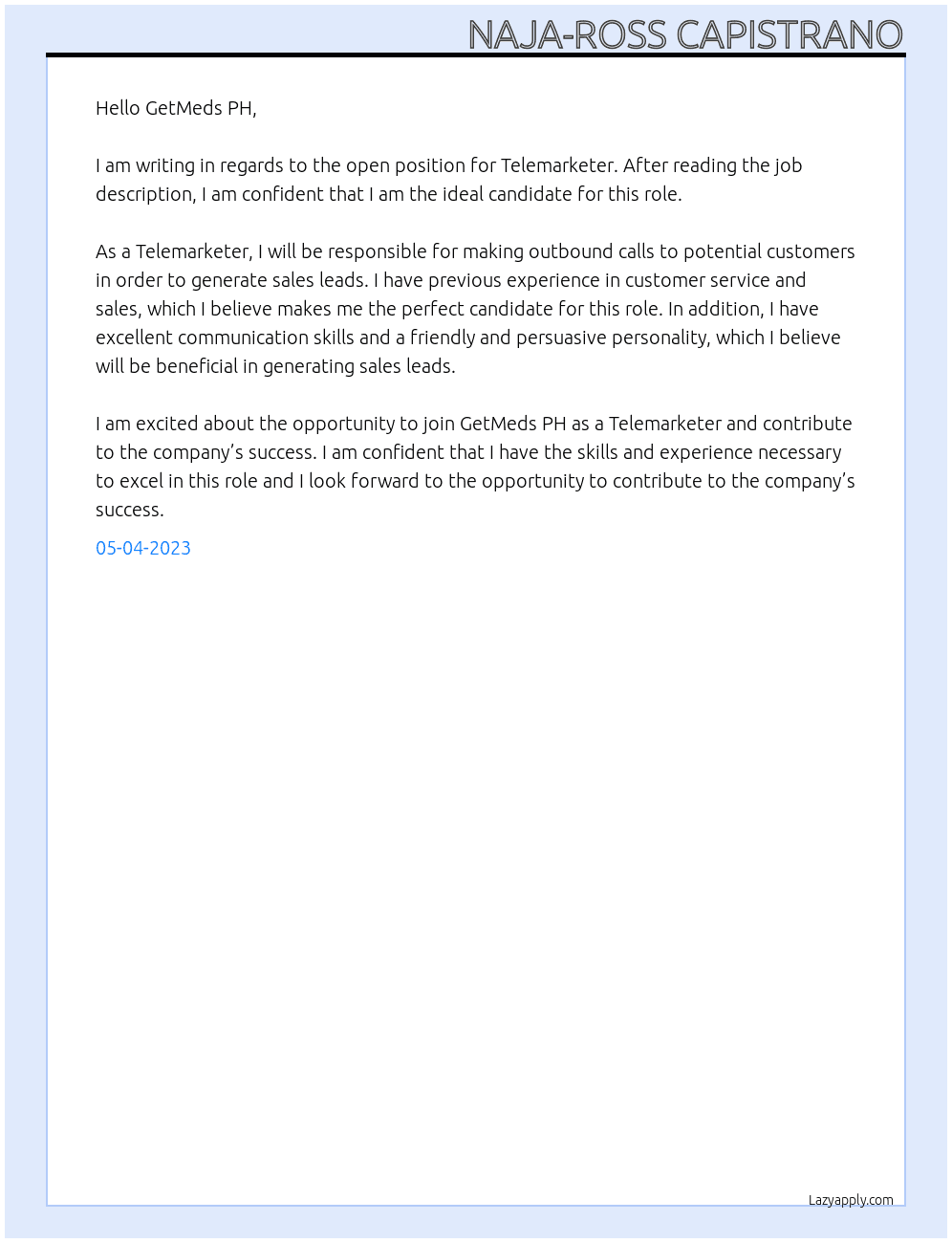Telemarketer At GetMeds PH Cover Letter