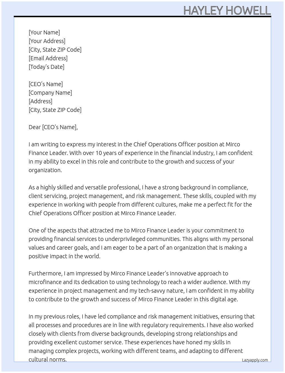 Chief Operations Officer At Mirco Finance Leader Cover Letter